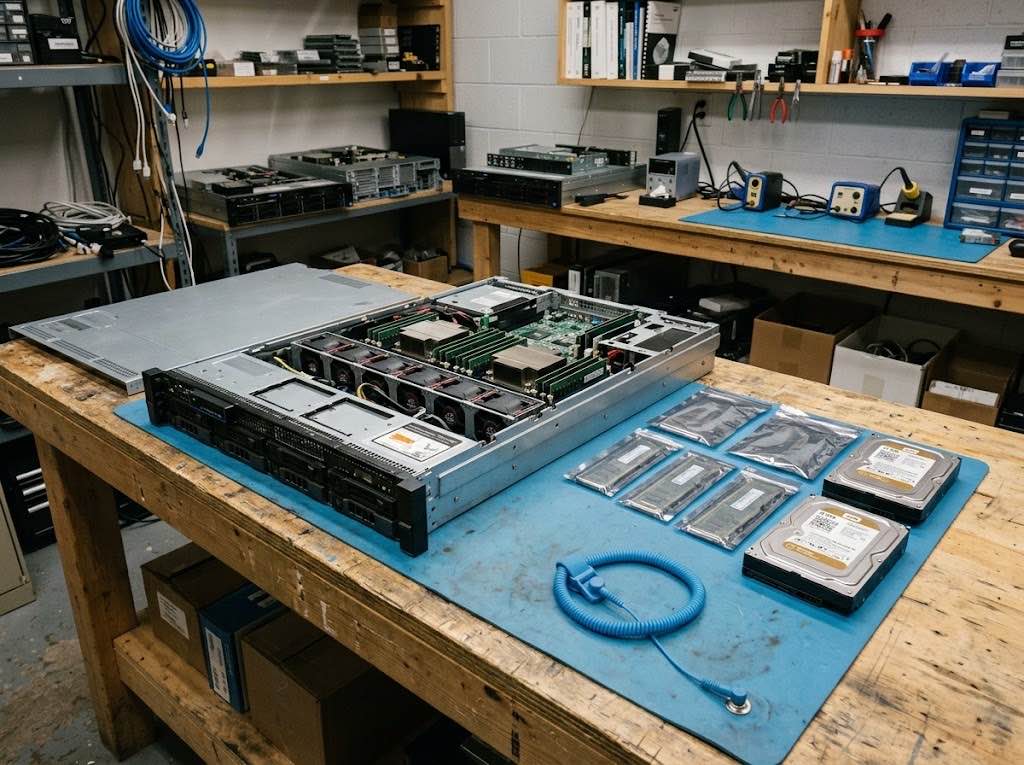 Serveur ouvert et disques de remplacement sur le banc de l'atelier Lauserco