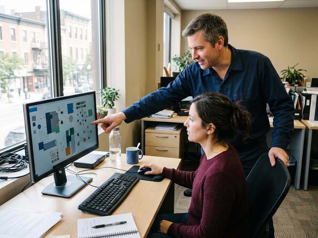 Un technicien Lauserco accompagne une employée à son poste de travail