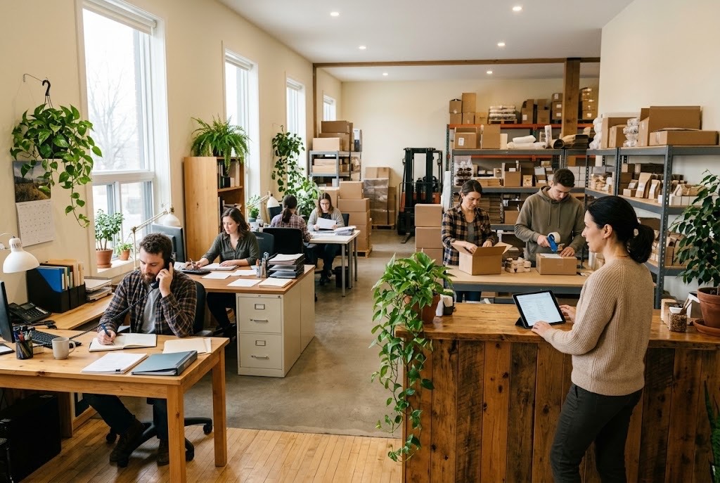 Des employés au travail dans les bureaux et l'entrepôt d'une PME