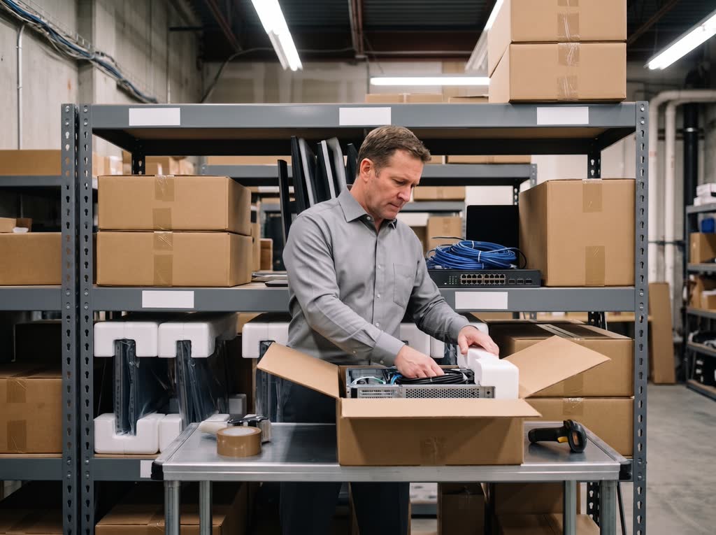 A Lauserco technician unboxes a rack server in the parts warehouse