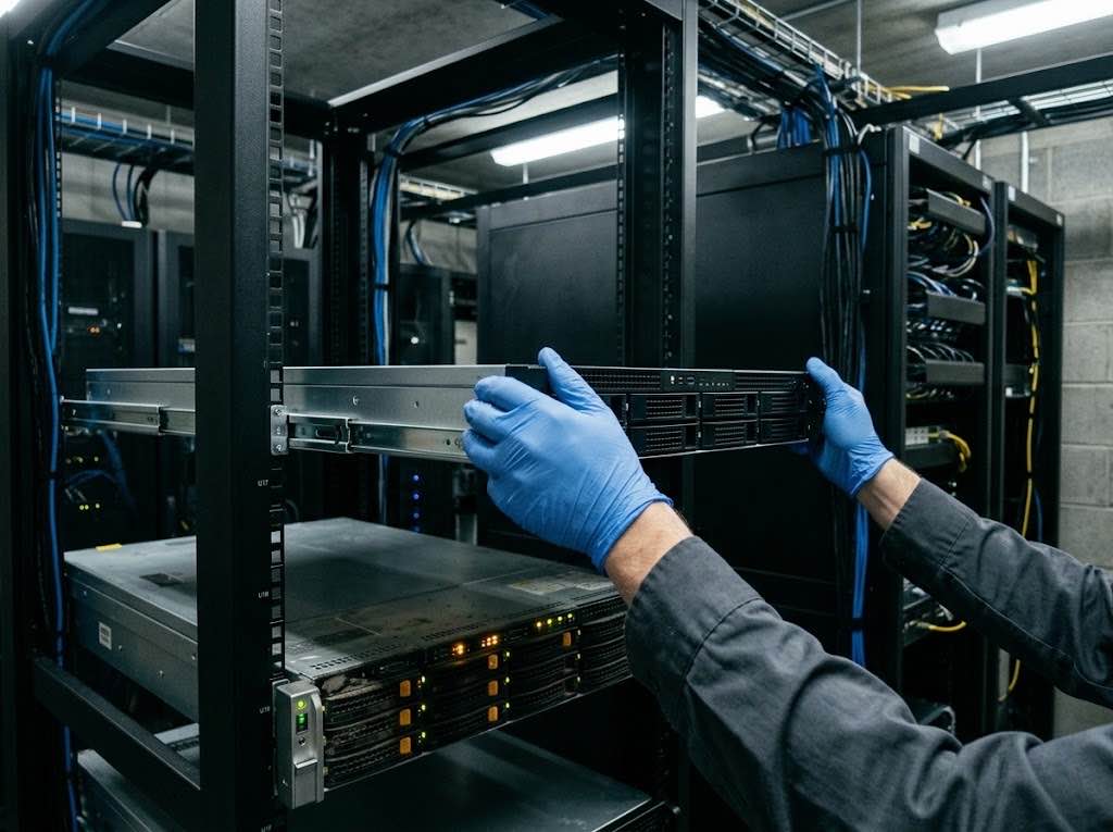 Un technicien installe un nouveau serveur dans une baie pendant une migration