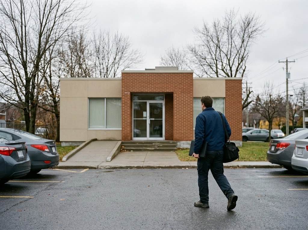 Un technicien Lauserco arrive sur place devant un immeuble commercial