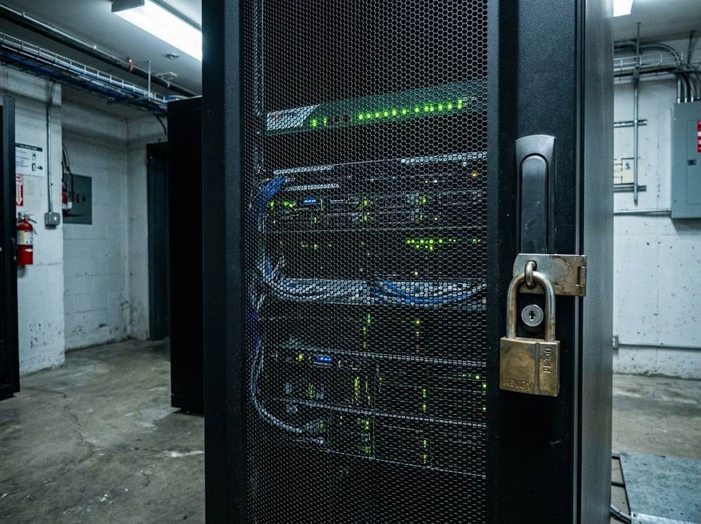 Baie de serveurs verrouillée dans un local technique d'entreprise