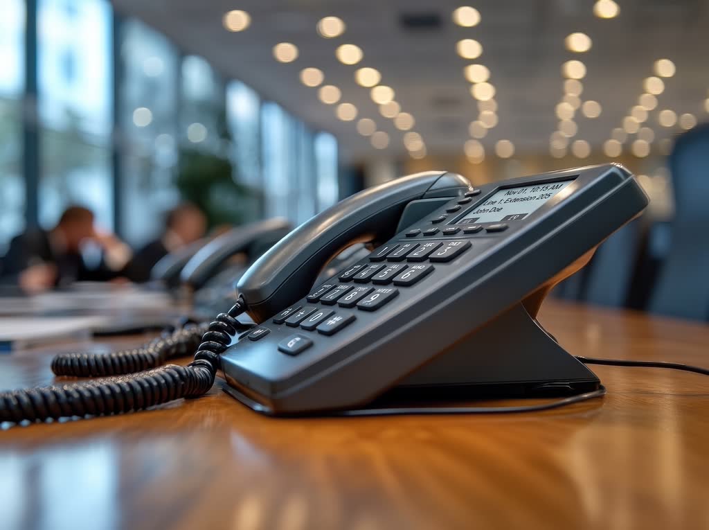 IP desk phones lined up on a boardroom table