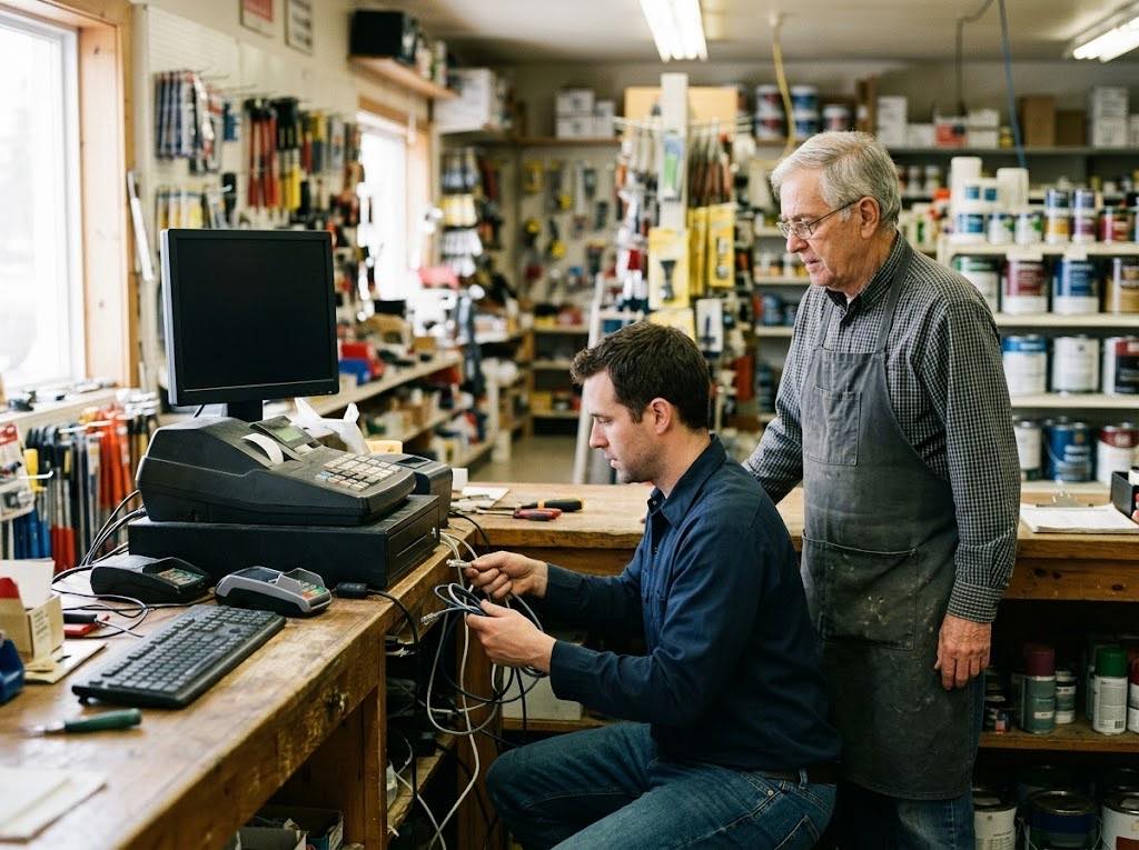 Un technicien Lauserco vérifie le poste de caisse d'une quincaillerie avec le commerçant
