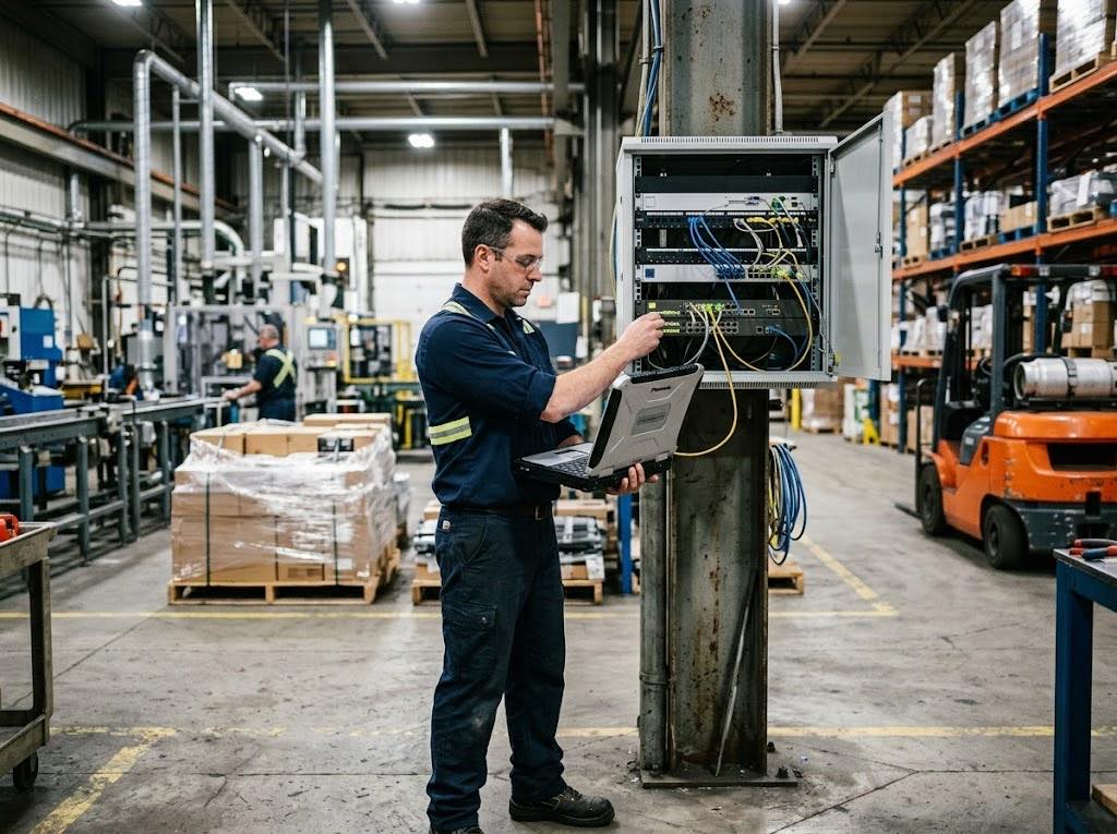 Un technicien Lauserco vérifie une armoire réseau sur le plancher d'une usine