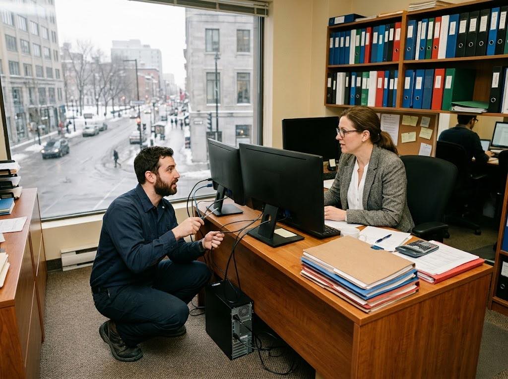Un technicien Lauserco installe un poste de travail dans un cabinet comptable
