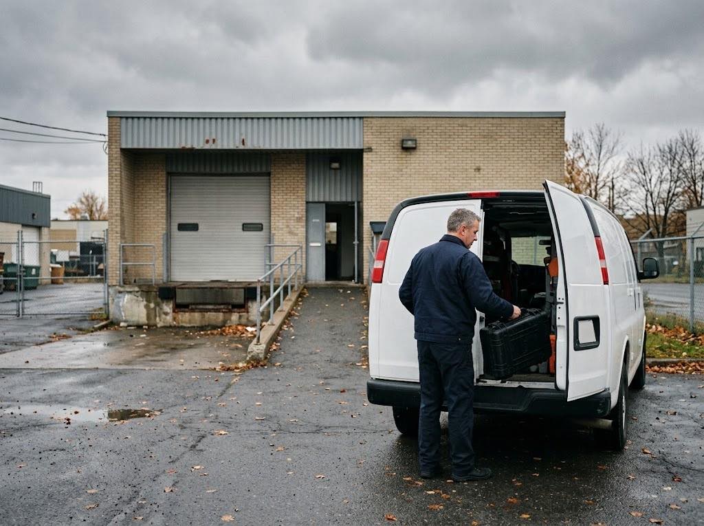 Un technicien Lauserco sort son matériel de la fourgonnette de service devant un bâtiment industriel d'Anjou