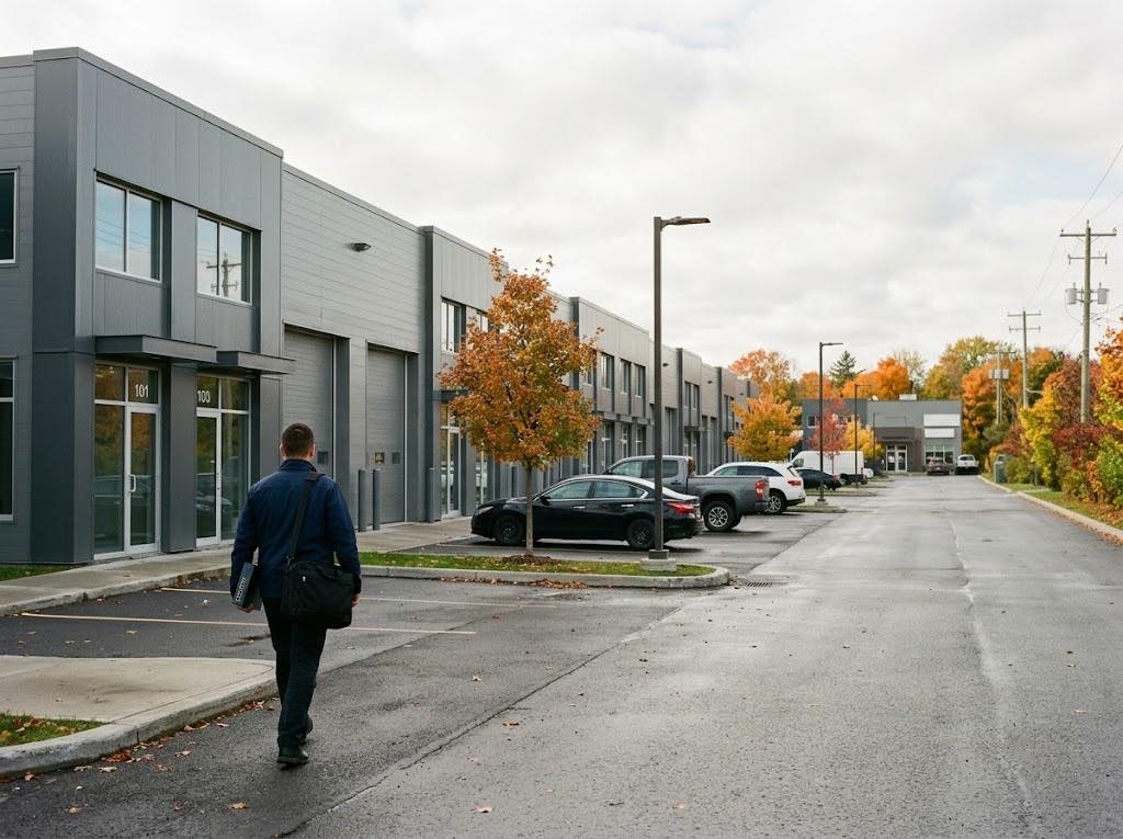 Un technicien Lauserco marche vers l'entrée d'un bâtiment dans un parc industriel de Laval