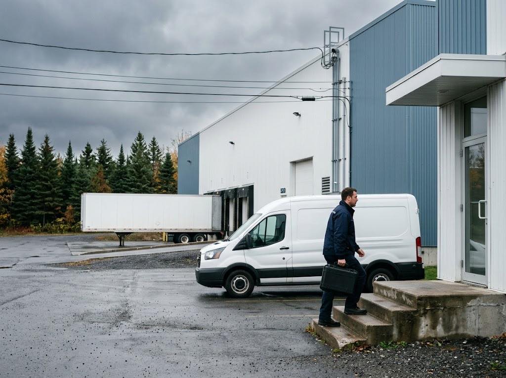 Un technicien Lauserco arrive avec son matériel à l'entrée d'une usine de Terrebonne